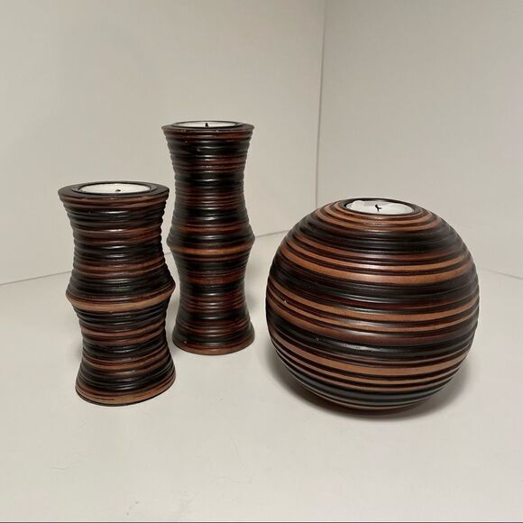 Multi-Wood Toned Three Piece Candle Holder Set - Picture 2 of 7